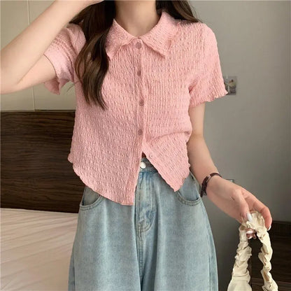2026 New Korean Preppy Style Women's Polo Collar Short Sleeve Shirt Top Sweet Slimming Versatile Younger Looking