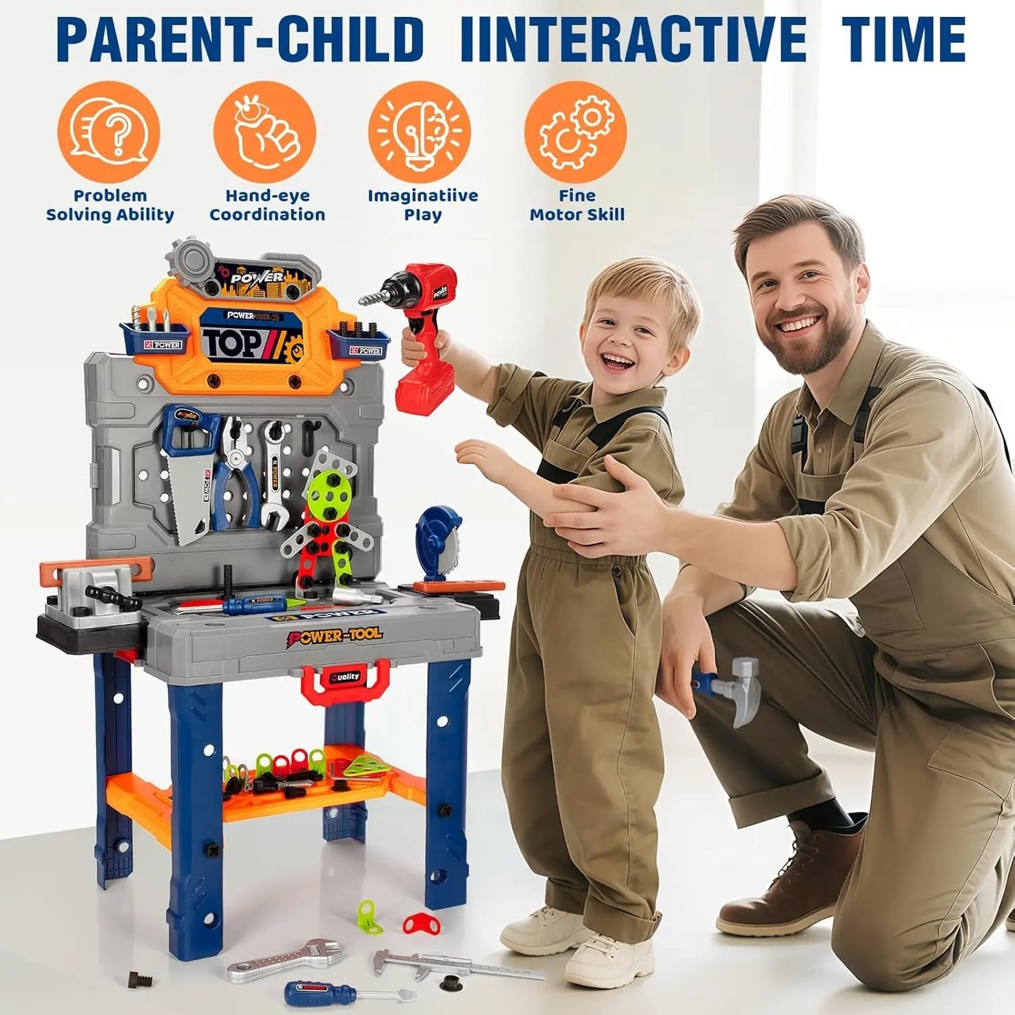 Kids Tool Bench Set with Drill and Realistic Tools, Construction Workbench Playset Toy for Toddler 3+, Easy Set up, Kids Boy Toy