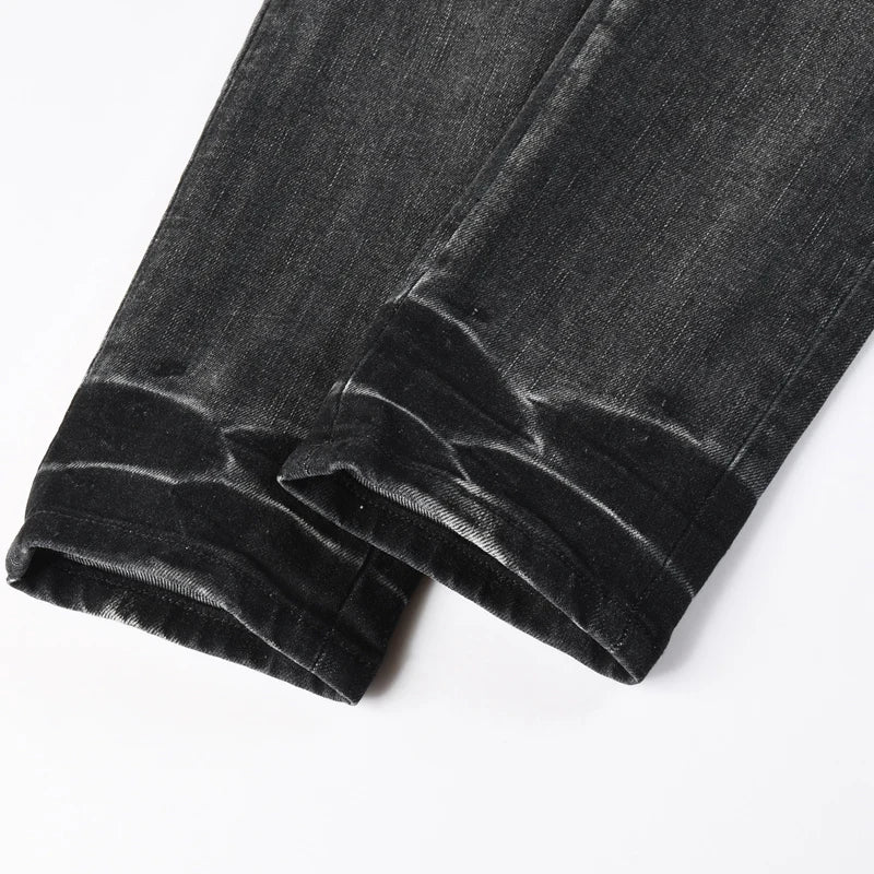 Men's Fashionable Black/Gray Jeans with Pleats Nostalgic Perforations Red Patches Washed Water High Street Style