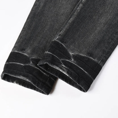 Men's Fashionable Black/Gray Jeans with Pleats Nostalgic Perforations Red Patches Washed Water High Street Style