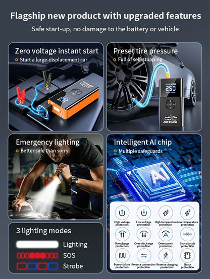 8000amp A 180psi Powerful Car Jumper Multifunction 12v Battery Booster Super Compressor Power Bank Jump Starter With Air Pump