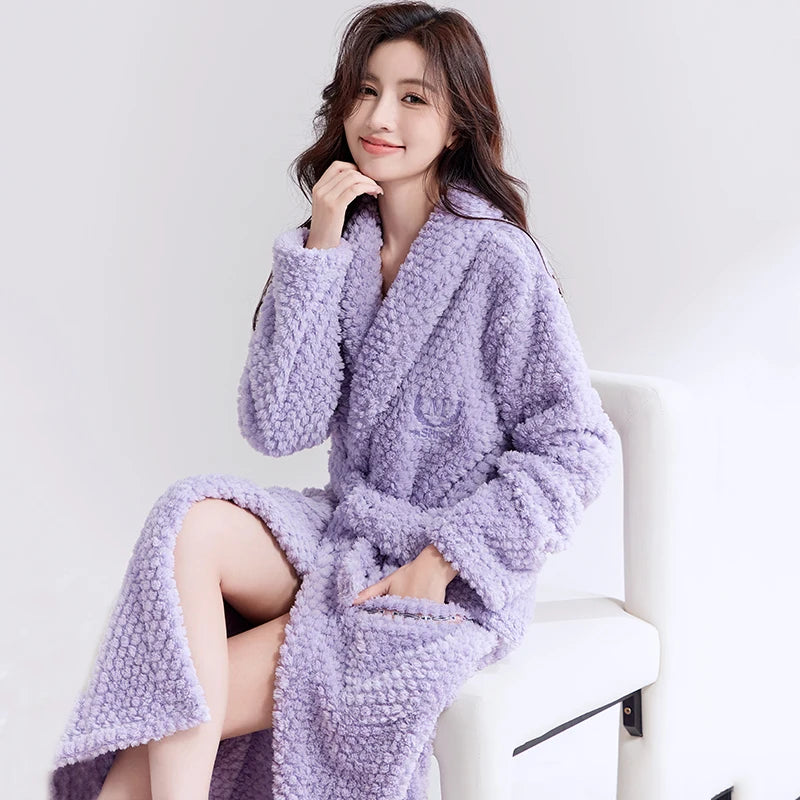 Thiened Coral Fce Robe Long Plu Spwear for Couples Autumn Winter Sle Home Clothes Outerwear Polyester Fiber