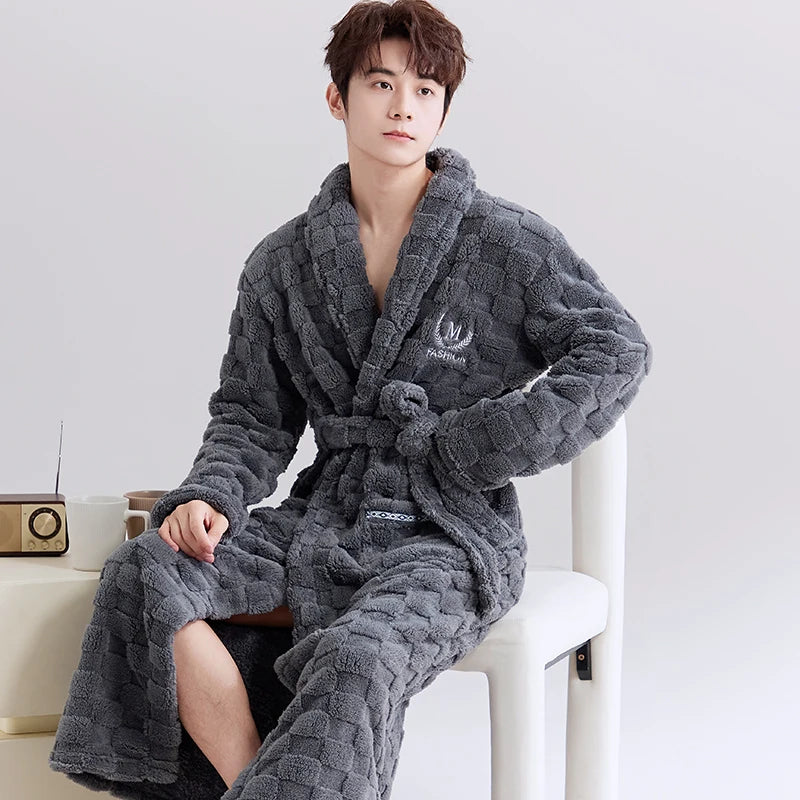 Thiened Coral Fce Robe Long Plu Spwear for Couples Autumn Winter Sle Home Clothes Outerwear Polyester Fiber