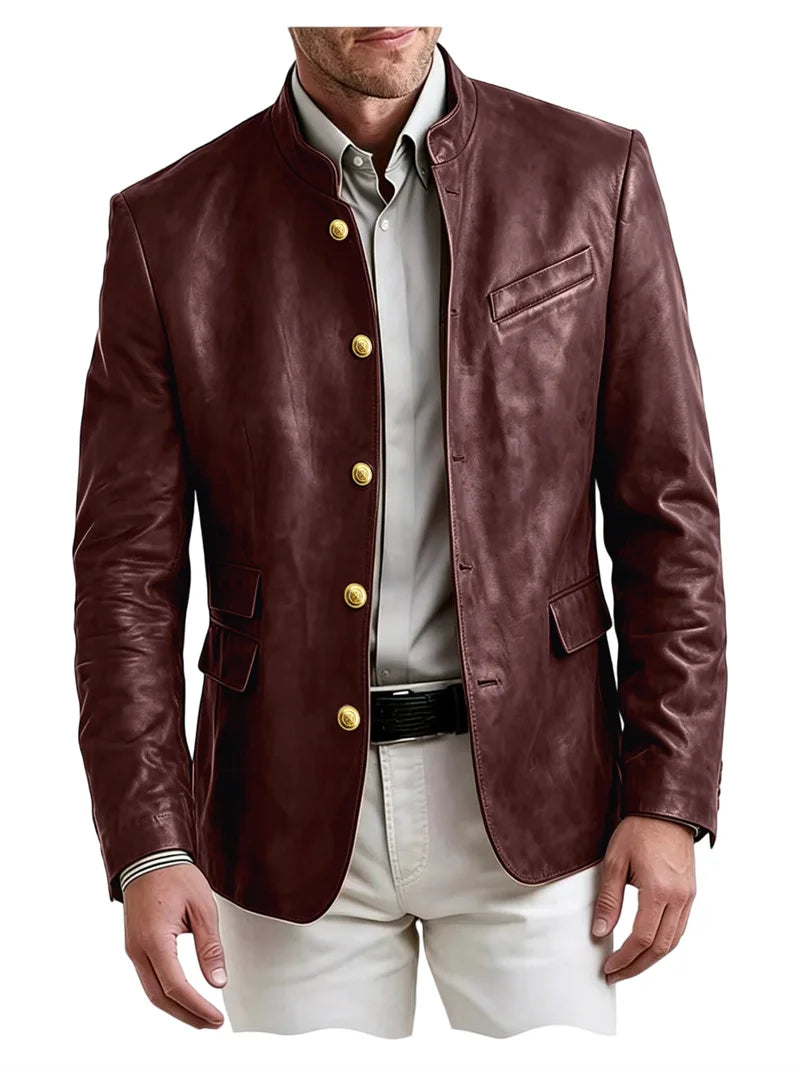Men's Stand Collar Leather Blazer Slim Fit Single Breasted Golden Metal Buttons Multi Pocket Coat For Business Wedding Daily