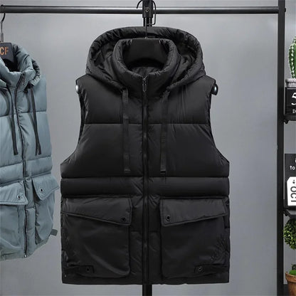 Men's Hooded Vest Winter Zipper Warm Stand Collar Waistcoat Men Cotton Padded Sleeveless Jackets with Big Pockets 2025
