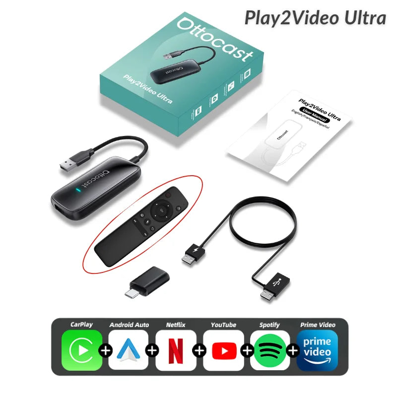 Ottocast Play2Video Ultra Mini Dot WiFi6 AI Box Carplay Adapter Android Auto Media Player YouTube Netflix Install Apps for Audi
