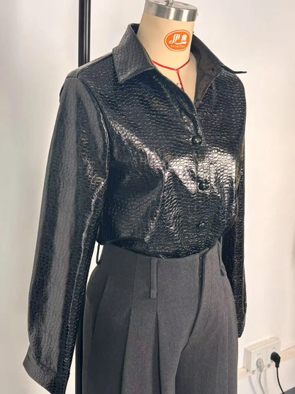 Elegant Long Sleeve PU Leather Shirt Women's Black Button up Snake Skin Pattern Fashionable Top for Autumn Winter