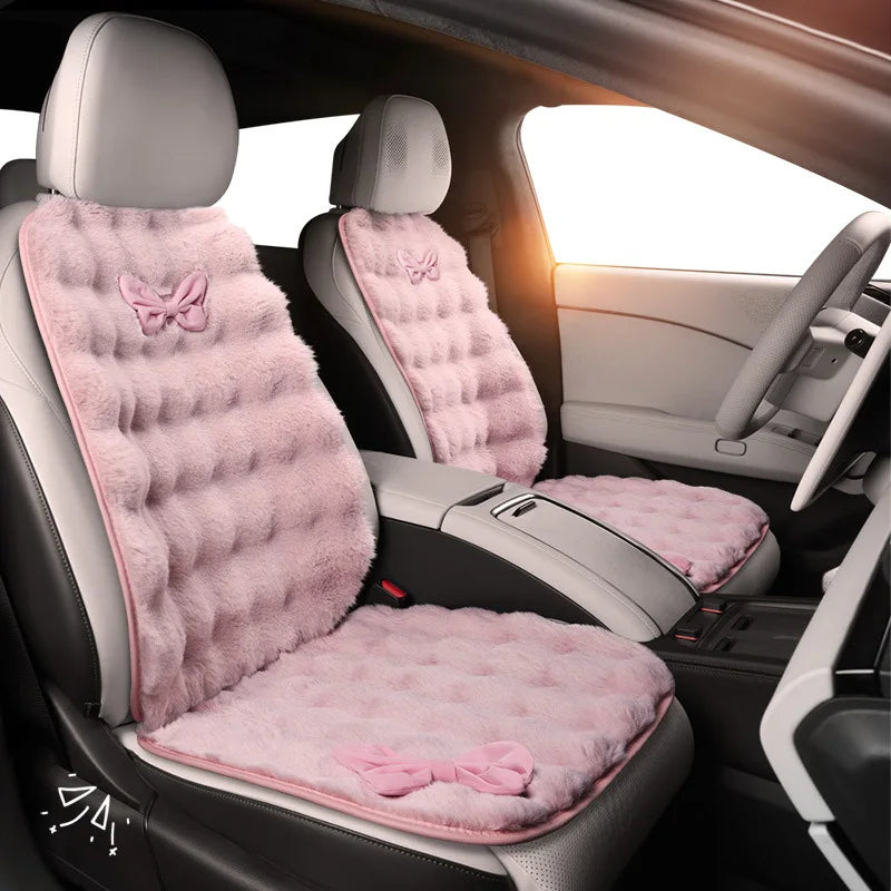 Winter Plush Car Seat Cover Bowknot Fashion Cute Women's Automotive Interior Protector Steering Wheel Warm Cushion Car Pillow
