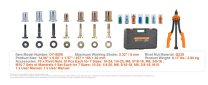 SucceBuy 14" 16" Rivet Nut Tool Rivnut Tool Kit with Metric and SAE Mandrels 70PCS/186PCS Rivet Nuts With Rugged Carrying Case