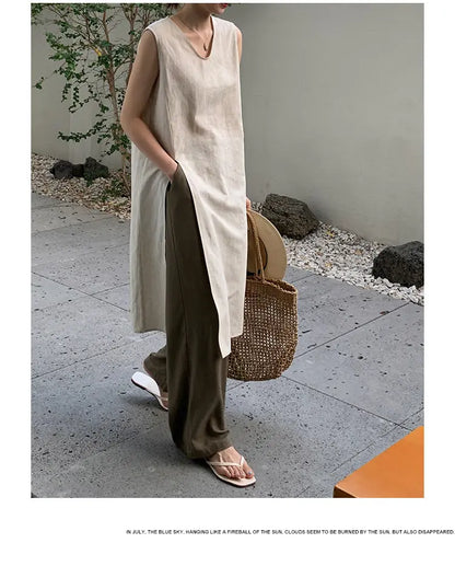 Simple Style Mid-Length V-Neck Women's Dress Knee-Covering Summer Cotton Linen A-Line Skirt Casual City Walk Dress