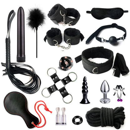 Sex Bondage Set Plush Sex Toy BDSM Kits for Women Couples Adult Games Adjustable Handcuffs Ankle Whip Gag Nipple Clamps Toys