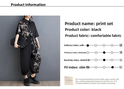 Summer New Loose Artistic Bamboo Print Cross Irregular irt Wide Leg Pants Two Piece Set Good Quali plus Size Faionable