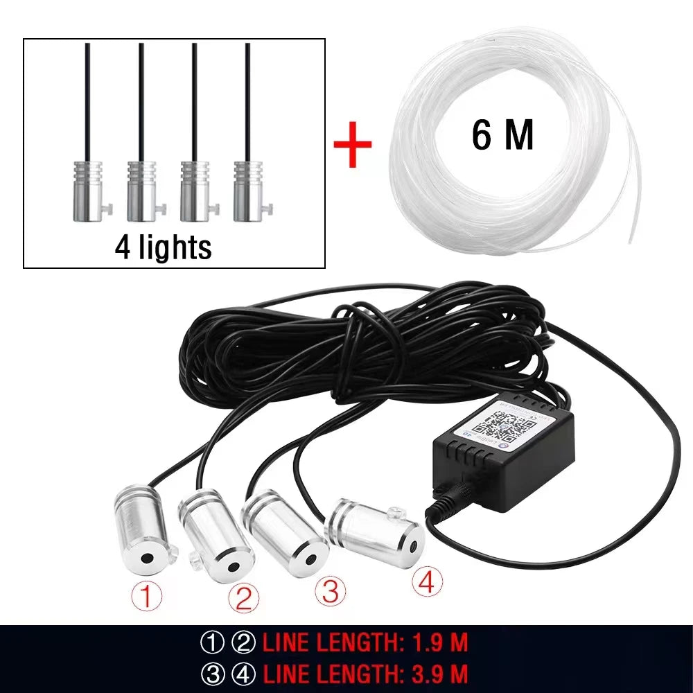 6 in 1 RGB LED Atmosphere Car Light Interior Ambient Light Fiber Optic Strips Light by App Control DIY Music 8M Fiber Optic Band