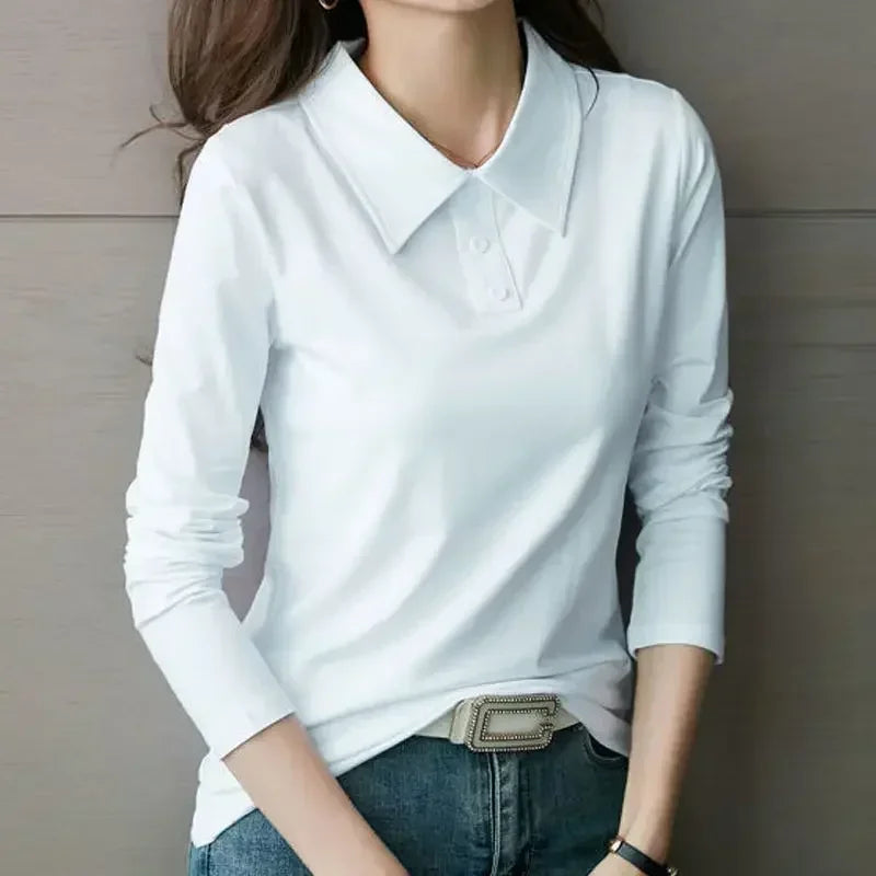 High Quality T-shirts 100℅ Cotton Female Tee Long Sleeve With Collar Korean Popular Clothes Basic Pretty Original Women's Polo