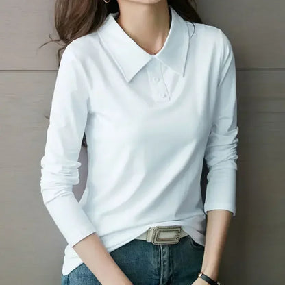 High Quality T-shirts 100℅ Cotton Female Tee Long Sleeve With Collar Korean Popular Clothes Basic Pretty Original Women's Polo