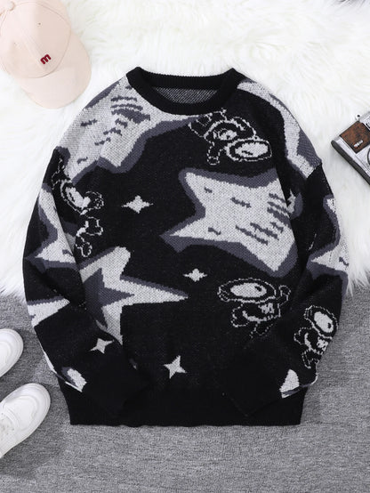 New Trendy Spring and Autumn Astronaut Reaching for the Stars Jacquard Pattern Pullover Sweater, Casual Round-Neck Color-Block Knit Men's Pullover, Suitable for Everyday Wear, Unisex Top for Going Out, Regular Fit, Suitable f