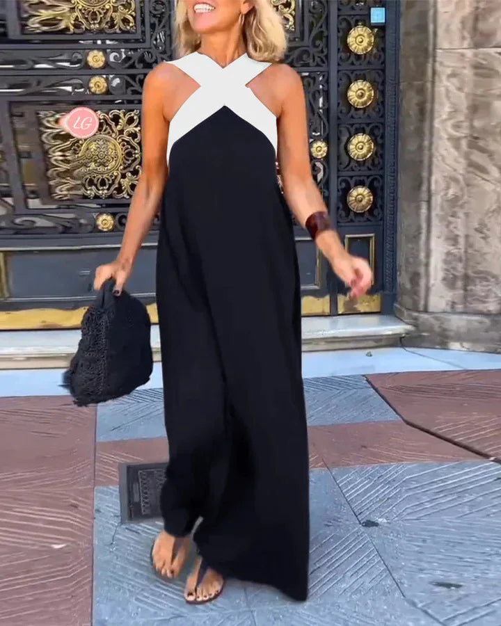 Women's Long Cross Dress Skirt European Style Mid-Waist A-Line Dress Polyester Fabric No-Sleeve Business Wear Single Piece
