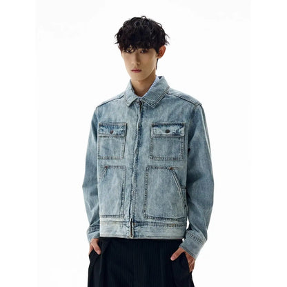 American Retro Trendy Washed Slub Multi - Pocket Denim Jacket Spring and Autumn Men's Windproof Motorcycle Jacket