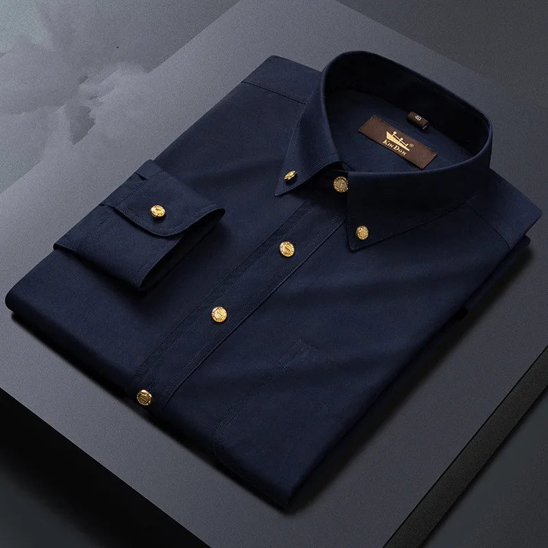 2024 Spring New Men's Long Sleeve Business Slim-fit Copper Buckle Bamboo Fiber Shirt 11colors Free Ironing Office's Work Top