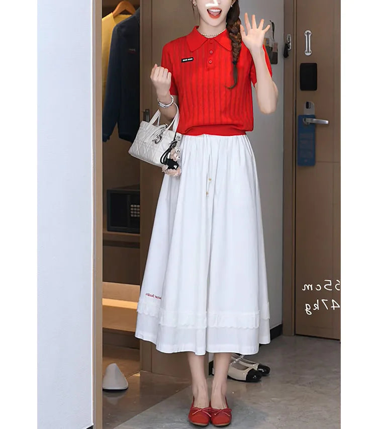 Red  Neck Knitted T-Shirt Women's Summer Style Short Sleeve White Color Loose Fit Casual Wear Polyester Blend Creative Pa...