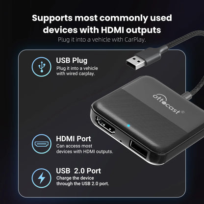 OTTOCAST Car TV Mate Wired to Wireless CarPlay Android Auto  Adapter HDMI Multimedia Video Converter for Fire TV Sticks Game Box