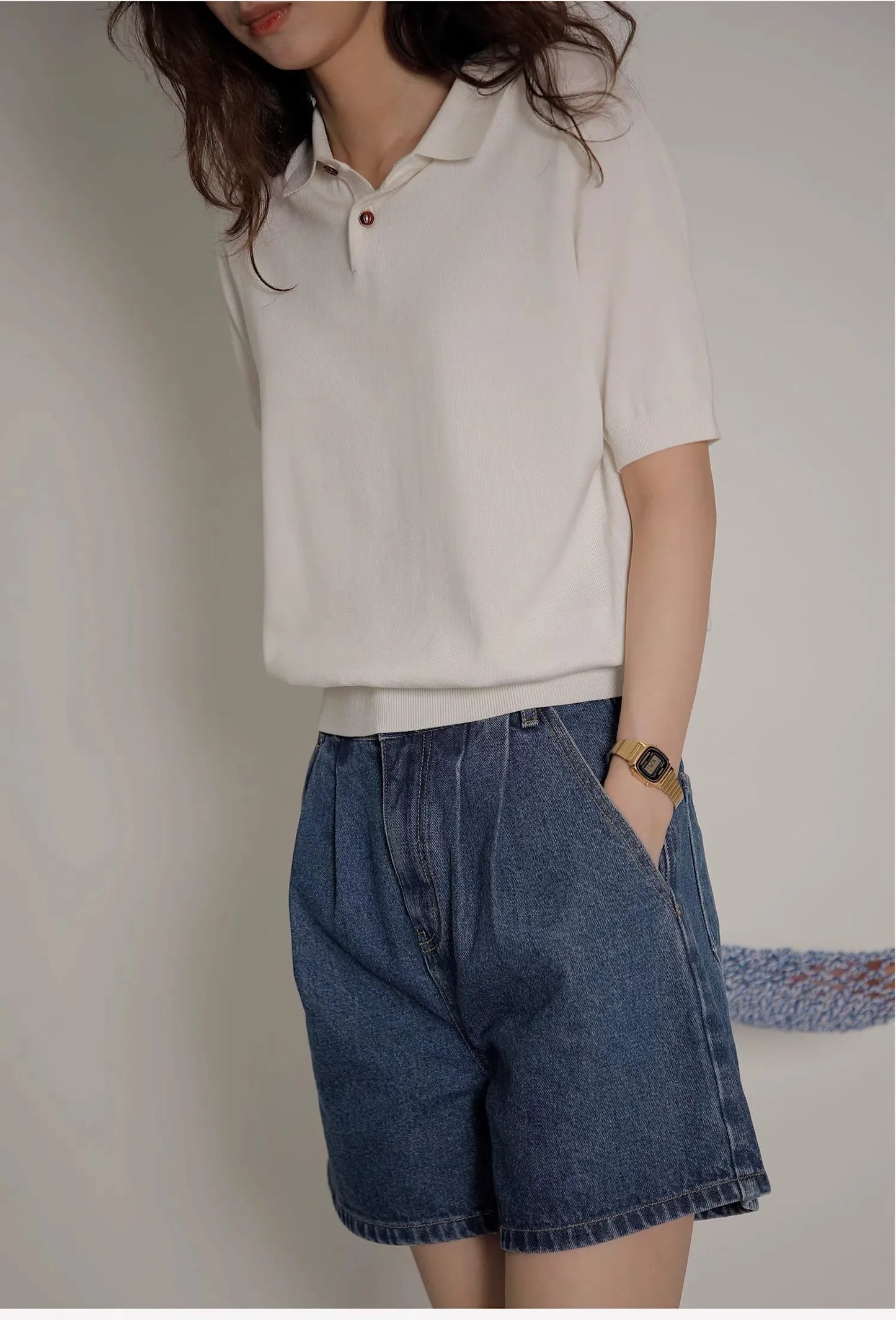 Women's Blue Ice Silk Knitted Polo Shirt Short Sleeve French Lapel Top Thin Summer High-Grade Shoulder T-Shirt