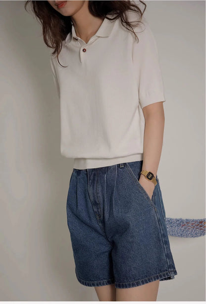 Women's Blue Ice Silk Knitted Polo Shirt Short Sleeve French Lapel Top Thin Summer High-Grade Shoulder T-Shirt