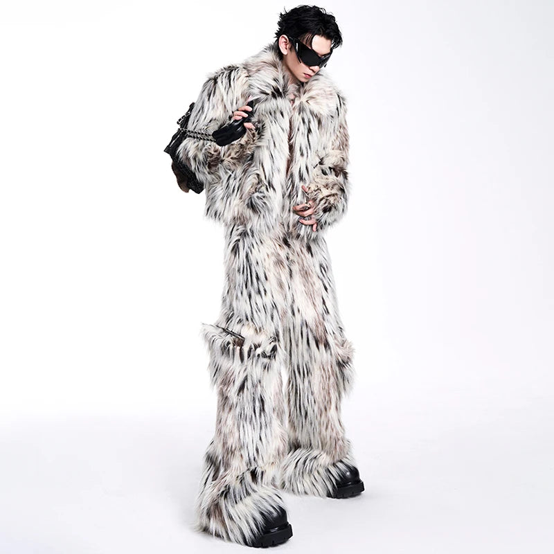 MWJQ Leopard Print Design Imitation Fur Clothing Male High Street Lapel Autumn Winter New Short Loose Men's Fashion Coat 010073