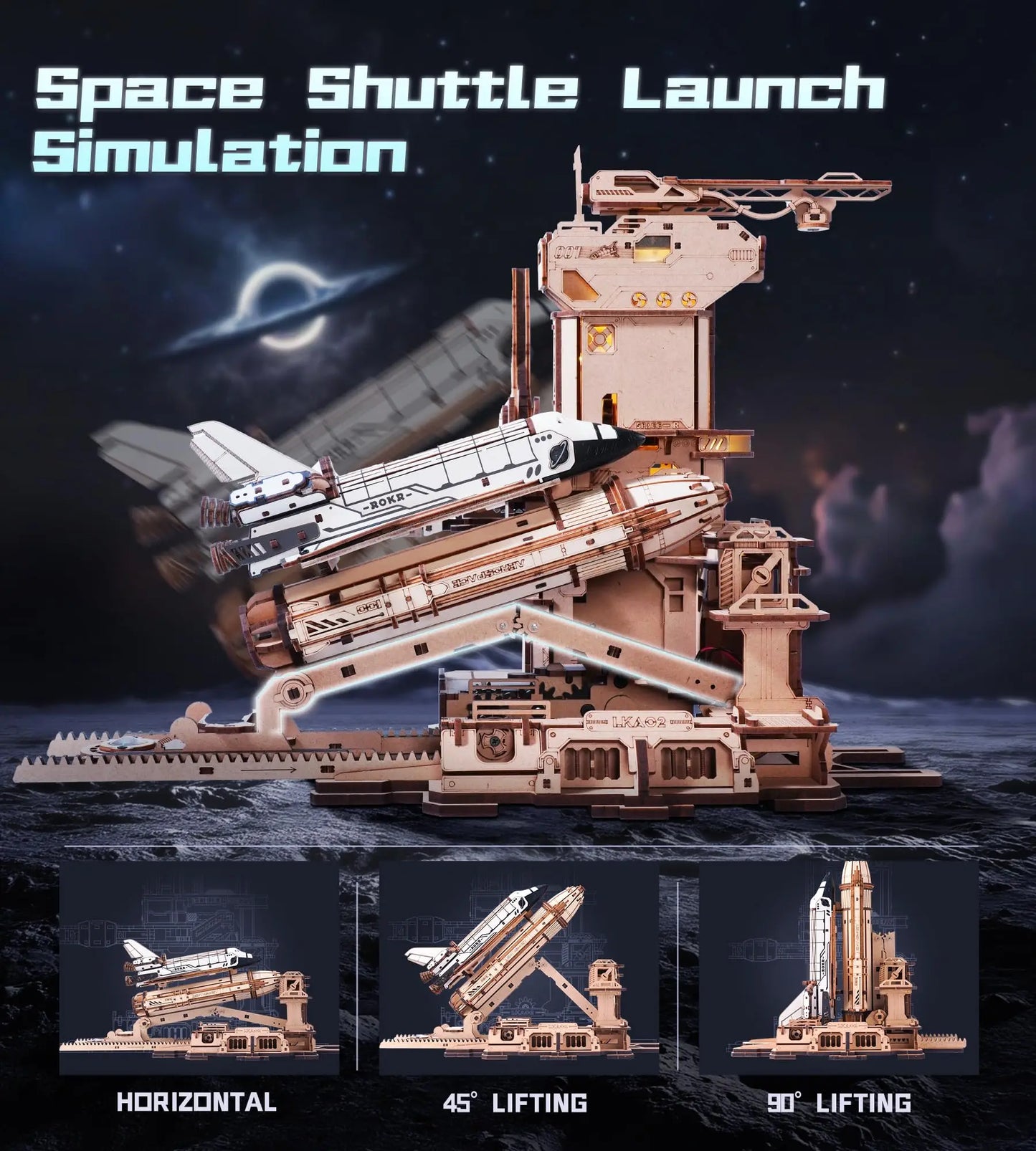 Robotime Space Shuttle 3D Wooden Puzzle Moving Rocket Launch Tower with Lights Mechanical Building STEM Project for Adult Teen