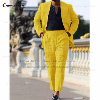 Classic Summer Linen Suit Sets For Men Smart Casual Blazer And Pants 2 Pieces Formal Evening  Fashion Slim Fit Suit Attire