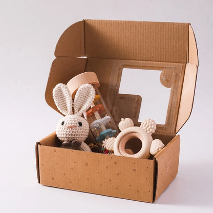 Baby Rattle Set Present Box Crochet Animal Toy Cartoon Flower Teether Rain Tube 0-12 Months Baby Sensory Toy Set Newborns Gifts