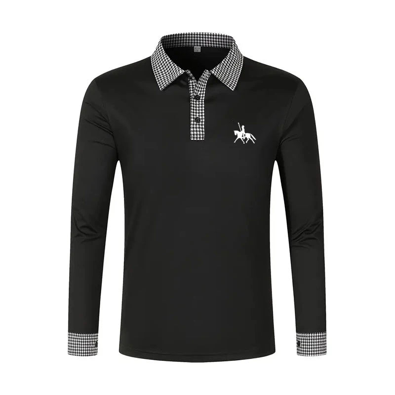 Men's Houndstooth Patchwork Long Sleeve Polo Shirt Classic Casual Business Tops Breathable Lightweight Knitwear for Spring Fall