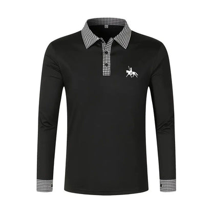 Men's Houndstooth Patchwork Long Sleeve Polo Shirt Classic Casual Business Tops Breathable Lightweight Knitwear for Spring Fall