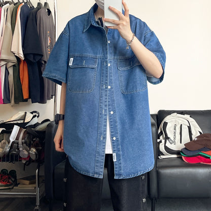 Workwear style denim short sleeved shirt with women's doubles pockets, loose and slimming  versatile daily top