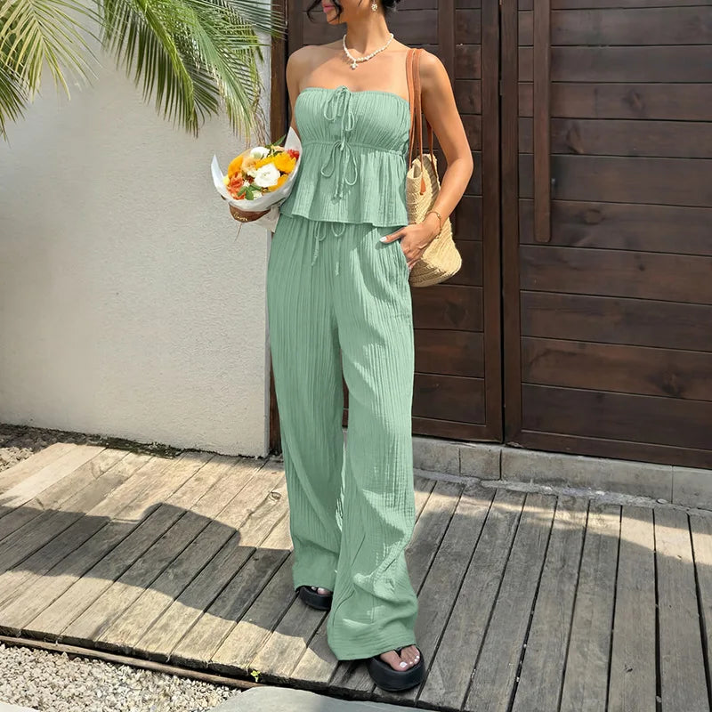 Women's 2 Piece Outfits Summer Strapless Top and Wide Leg Pants Set Textured Pleated Lounge Set Vacation Beach Wear 2026
