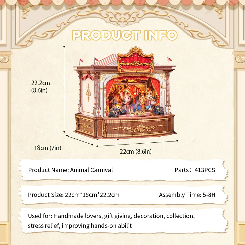 CUTEBEE DIY Miniature House Kit Wooden Music Box Handmade Dollhouse Animal Carnival  for Bookshelf Insert Home Decoration