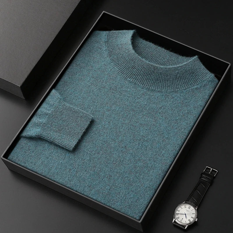 100% Pure Cashmere Sweater Men's Half High Collar Solid Color Pullover Fashion New Knit Undercoat  Autumn and Winter Long Sleeve