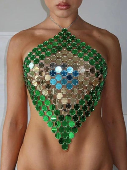 Sexy halter metal sequin Crop top women 2026 summer see through shiny Club rave outfits beach party tank top y2k streetwear Tops
