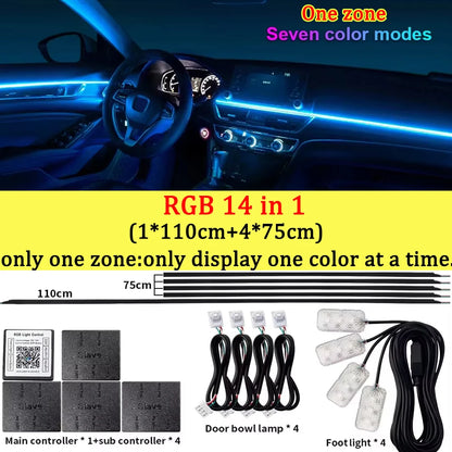 10/14/18/22 in 1 Dual Zone Hidden Acrylic RGB 64/213 Color Symphony Streamer Auto Interior Car Ambient Light Kit APP Control 12V