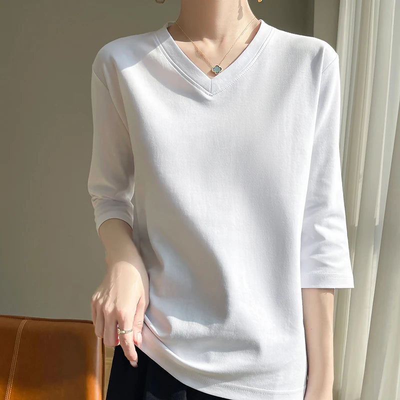 Spring And Summer New White Mercerized Cotton Cropped Sleeve T-shirt Feminine Joker 100% Cotton Bottoming Shirt Half Sleeve