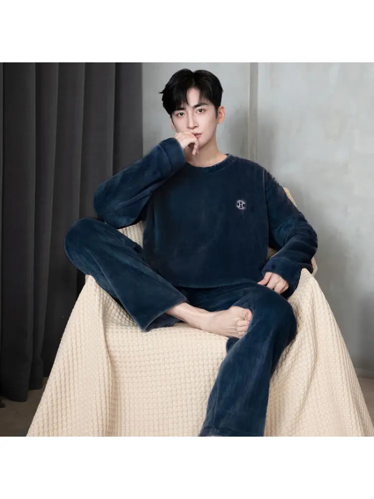Thickened Flannel Sleepwear for Men Winter Coral Fleece Home Clothes Set Spring Autumn Winter Style Casual Loose Fit Long Sleeve