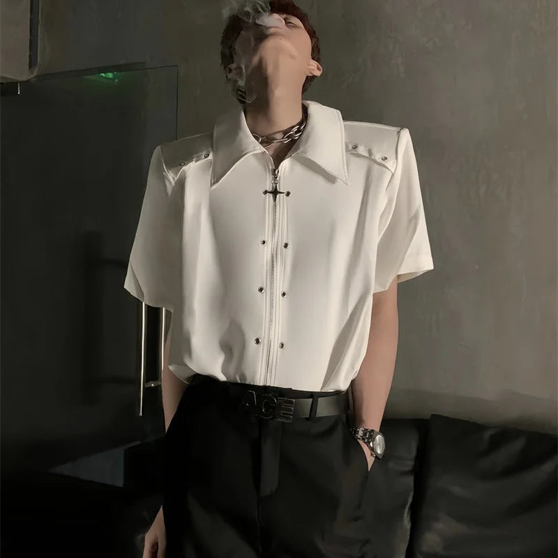 Men's Metal Zipper Button Solid Y2K Summer Shirts 2026 High Street Fashion Trend Casual T-shirts Moto & Biker Oversized Tee Tops