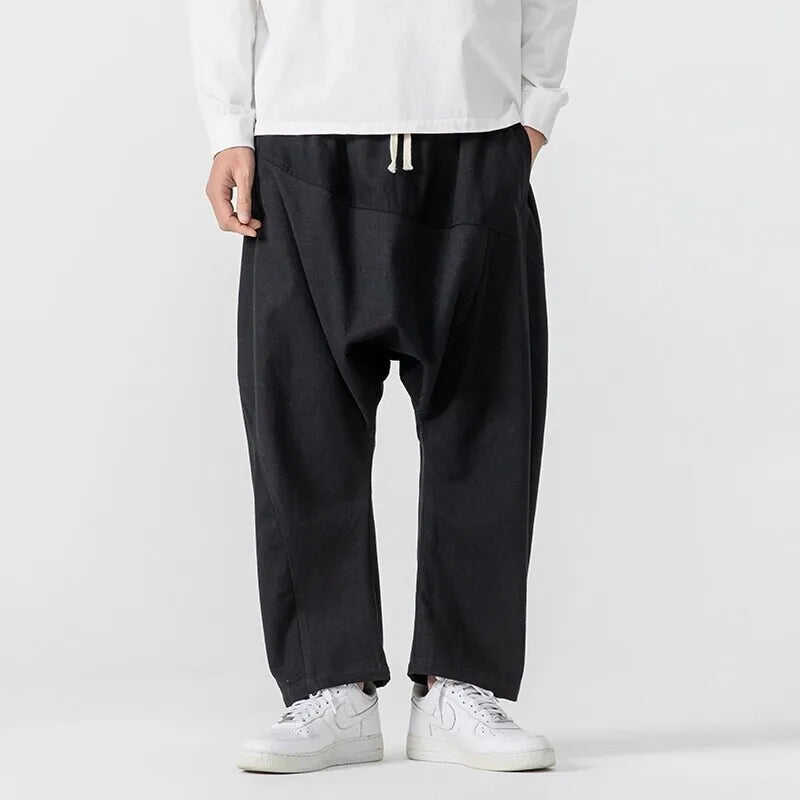 Wide Leg Pants Men's Casual Hip Hop Streetwear Pants Men's Japanese Styles Haori Cotton Linen Loose Harun Trousers Plus Size 5XL
