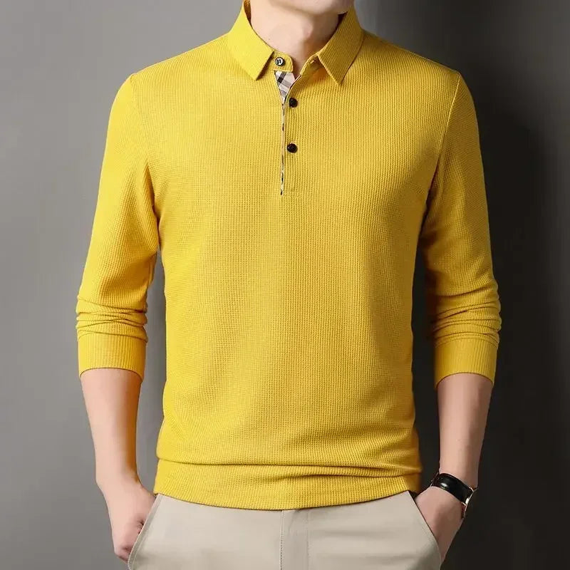 Male Clothes Beige T Polo Shirts for Men Waffle Tops Pullover Y2k High Brand Casual Harajuku Fashion Polyester Long Sleeve F