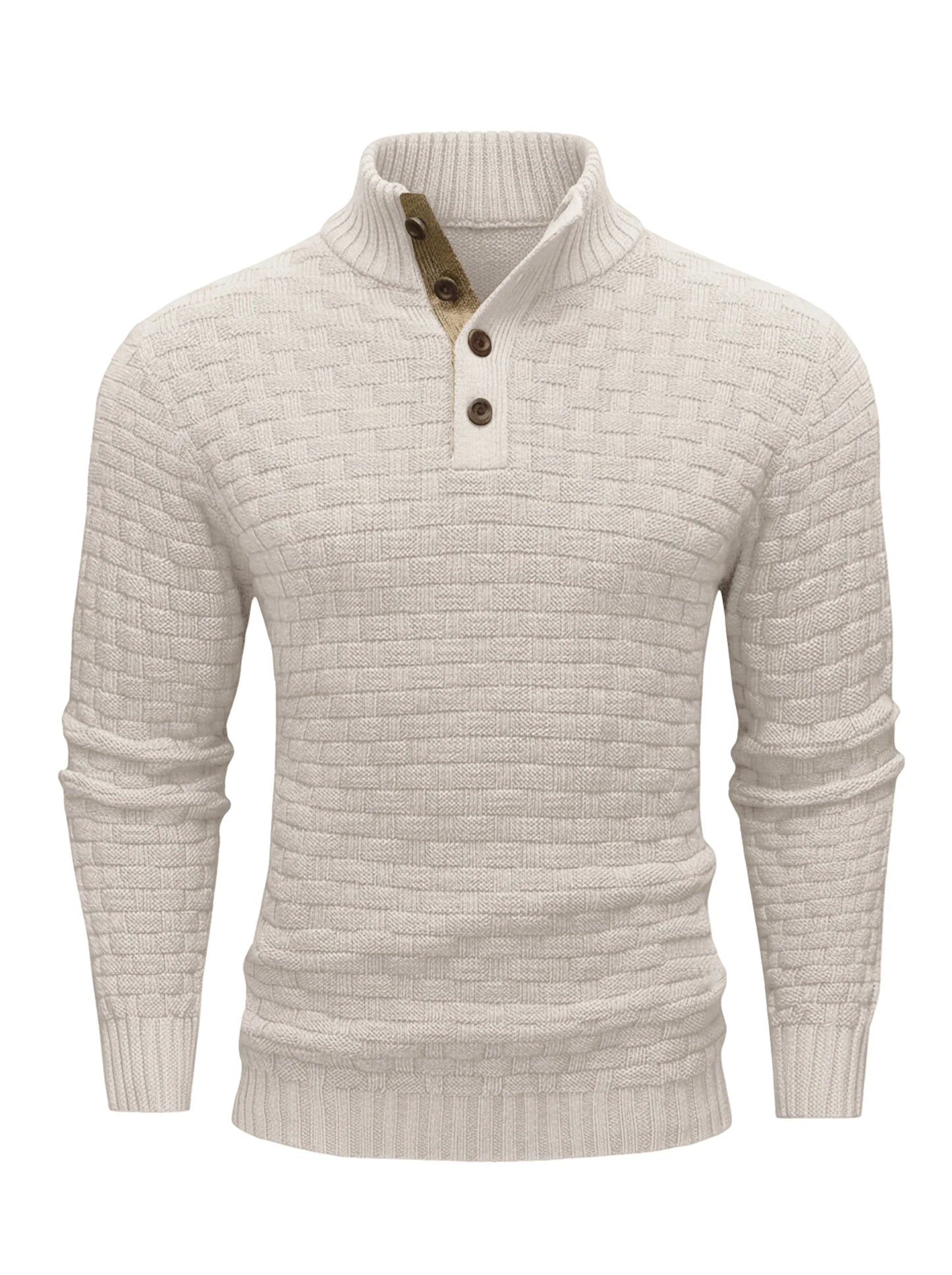 Men's Winter Warm Knit Sweater Button Turtleneck Woven Texture Slim Fit Casual Top