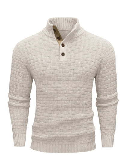Men's Winter Warm Knit Sweater Button Turtleneck Woven Texture Slim Fit Casual Top