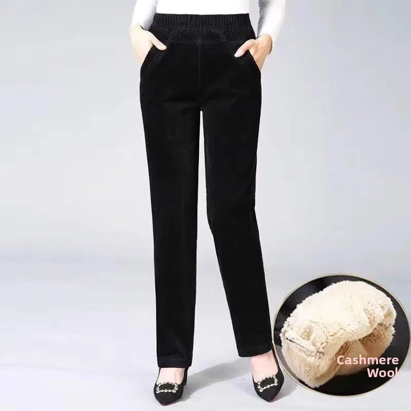 Thickened Fleece Corduroy Pants High Waist Harlan Style Winter 2024 New Women's Casual Trousers Elastic Waist Pocket Detail
