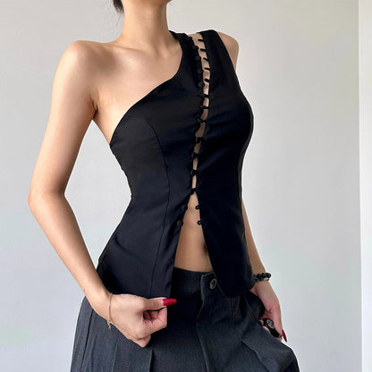 Cryptographic Elegant Asymmetrical Top with Hook and Eye Fashion Sexy Cut Out Backless Split Tops Slim Vest Summer Clothes