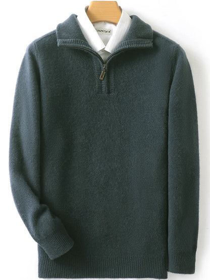 Autumn/Winter New Men's 100% Pure Wool Sweater Business Casual Half Zip Lapel Pullover Thickened Warm Knitted Long Sleeve Jumper