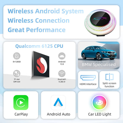 8GB+128GB Android 13 CarPlay Ai Box Ambient Light LED Dual WiFi HDMI 4G SIM Card 8-Cores Smart Car Multimedia Box USB Adapter